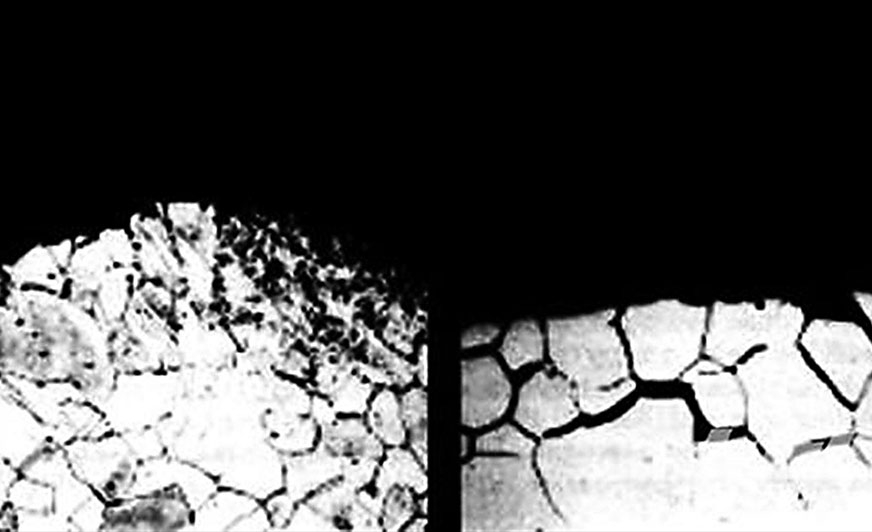 Proces kulowania znacznie poprawia kształt ziarna na powierzchni, utrudniając początek pęknięć (z lewej strony).