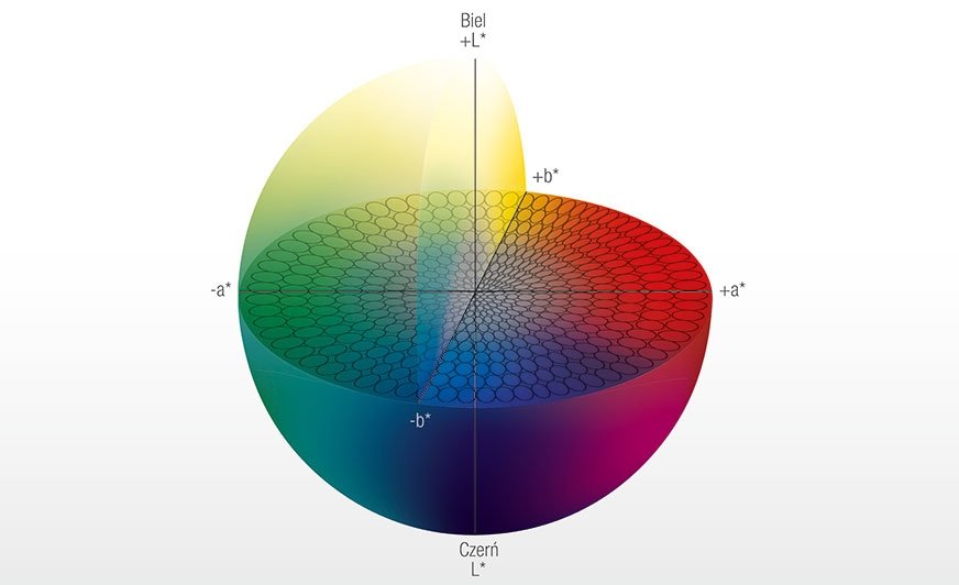 Przestrzeń barw CIE L * a * b *:  L * = jasność,  a * = oś zielony – czerwony,  b * = oś niebieski – żółty.