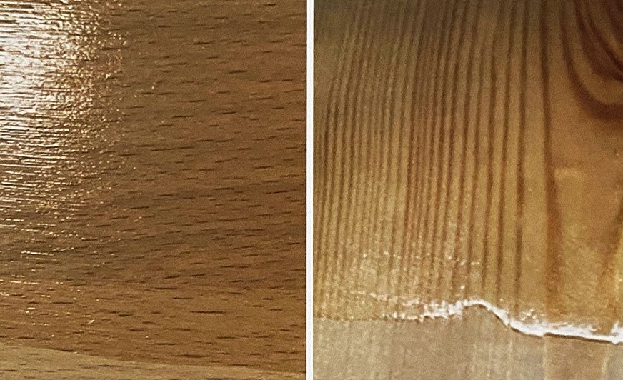 Powłoka z estrów skrobi na podłożu z drewna bukowego (po lewej) i sosnowego (po prawej). 