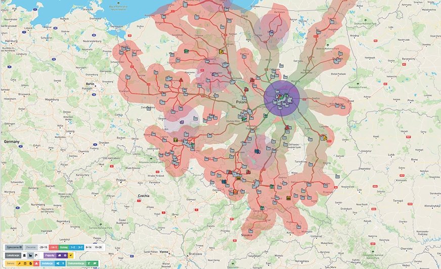 Mapa ServiceNet przedstawia zainstalowaną bazę urządzeń oraz zasięg świadczonych przez EKO-BHL usług serwisowych na terenie Polski